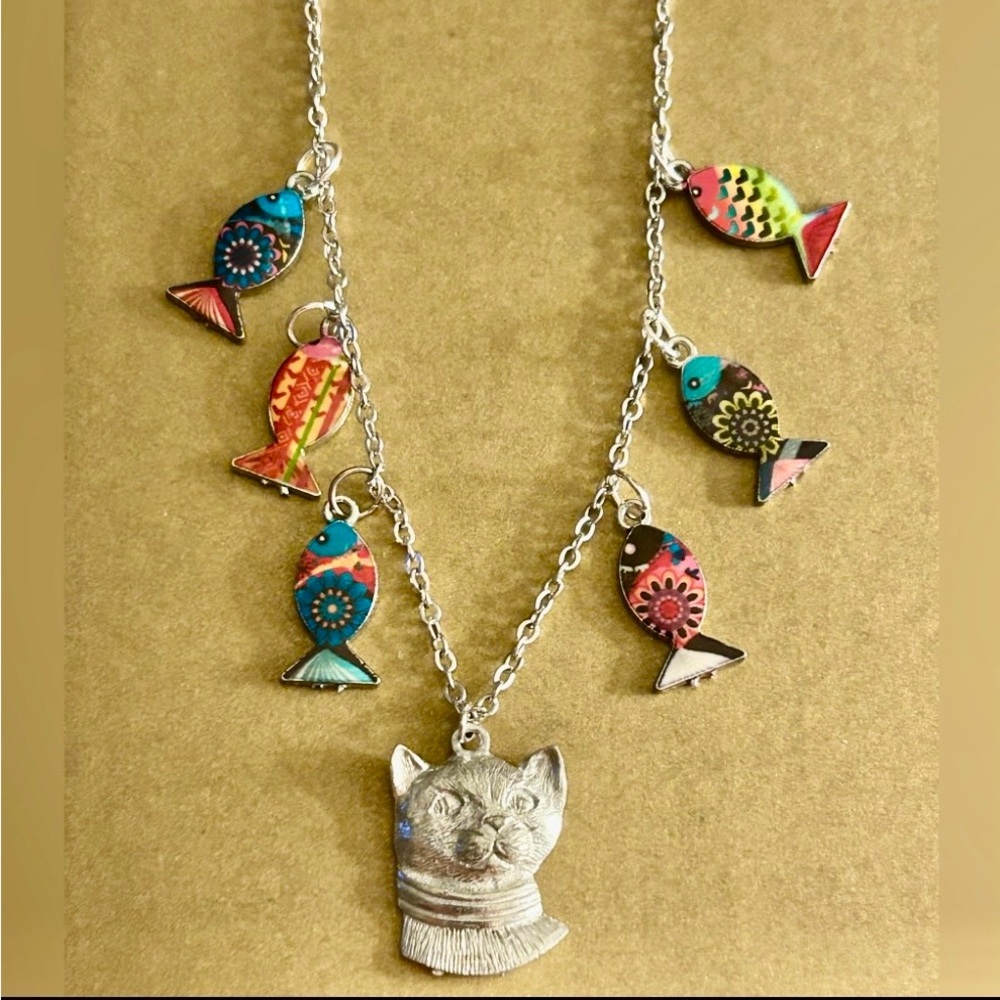 NWOT Necklace “Swim lil Fish!” Bright enamel charms & Hand-cast cat head silver